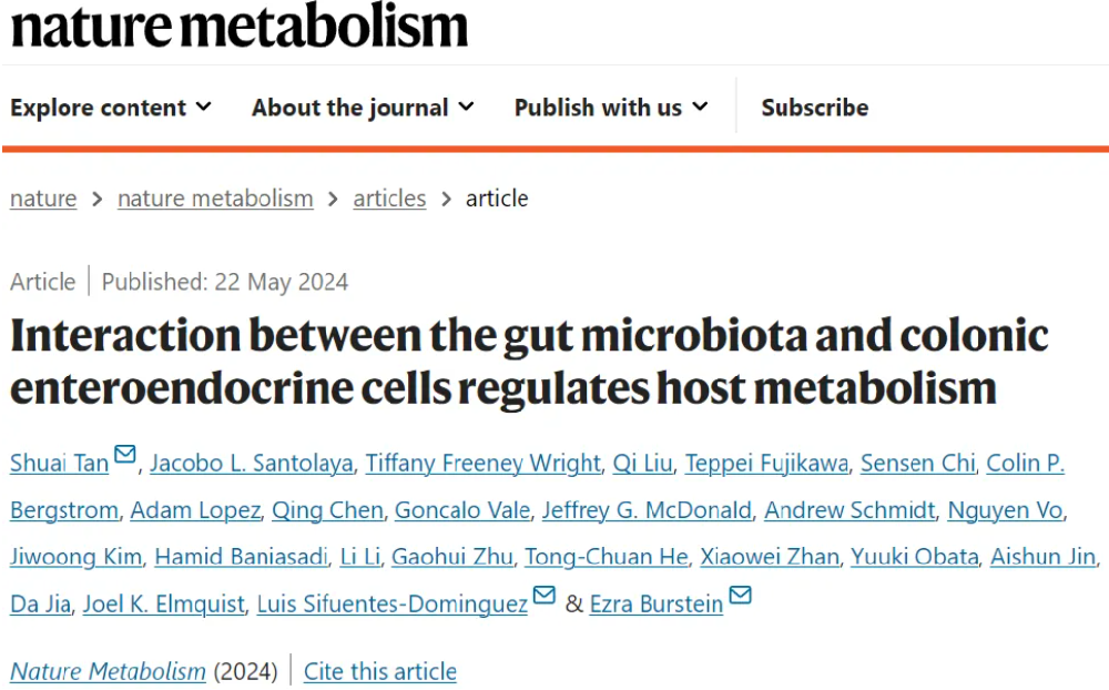Nat Metab | 重庆医科大学谭帅等发现结直肠内分泌细胞和肠道菌群相互间对代谢的调控轴