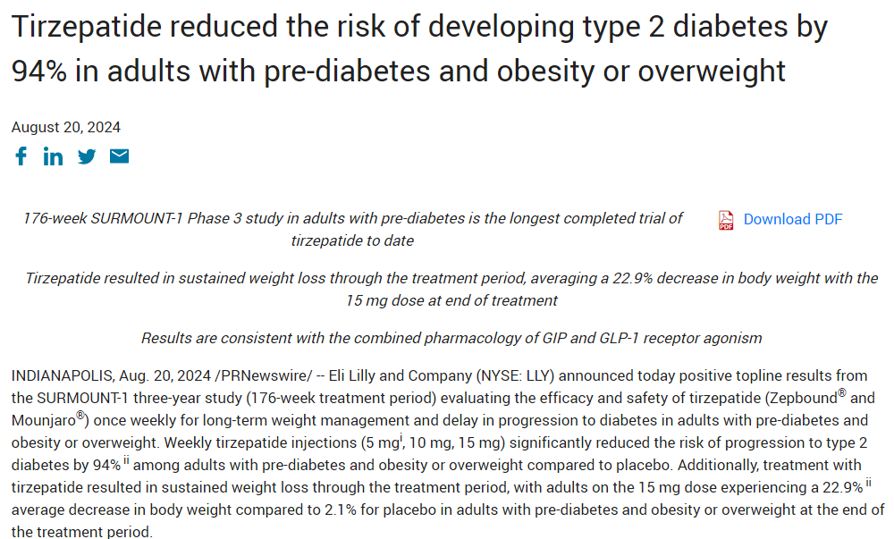 礼来公布替尔泊肽长期3期试验结果，糖尿病进展风险降低94%，体重下降近23%
